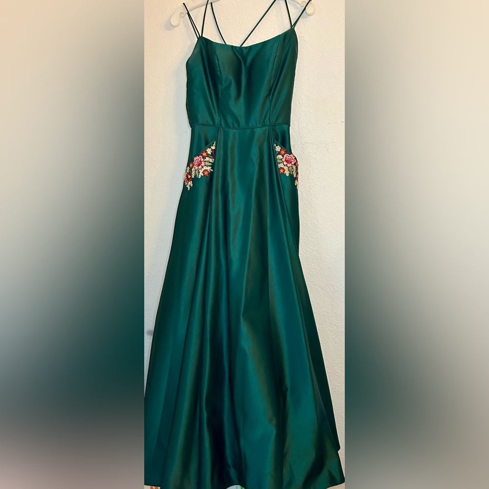 Blondie Nites Satin Dress 3 Floral Pockets Double Strap Gown Green Davids Bridal - Picture 5 of 16